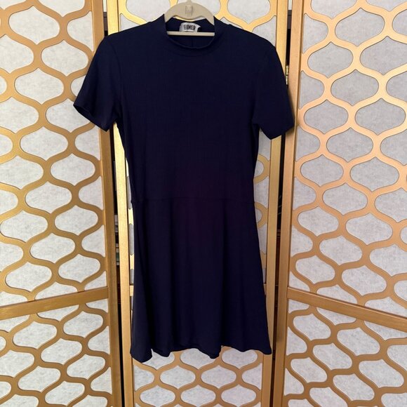 Reformation Size Large Navy Blue Ribbed Knit Mock Neck Short Sleeve Mini Dress - Picture 2 of 12